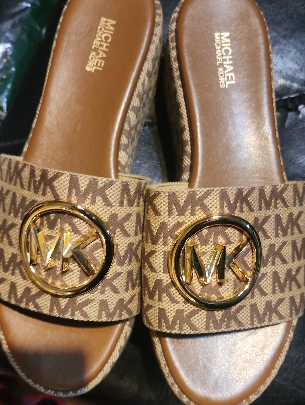 Michael Kors Tan/Brown MK Logo Slide Sandals with Gold Emblem